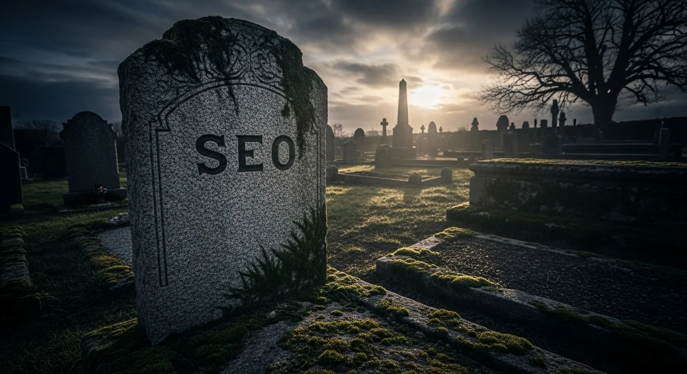 SEO engraved on a tombstone in a graveyard at dusk